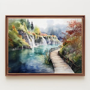 May include: Watercolor painting of a scenic landscape featuring a waterfall cascading into a turquoise lake. A wooden walkway with a railing leads along the water's edge, framed by lush greenery and a wooden frame.