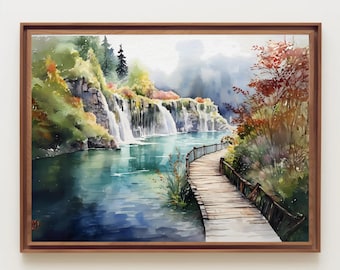 Plitvice Lakes National Park Watercolor Painting, National Park Art, Lakes Landscape, Waterfall Landscape, Croatia Art, Nature Wall Art
