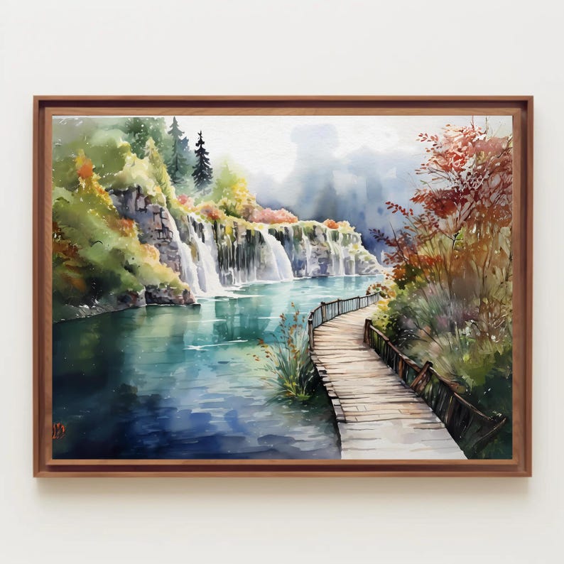 May include: Watercolor painting of a scenic landscape featuring a waterfall cascading into a turquoise lake. A wooden walkway with a railing leads along the water's edge, framed by lush greenery and a wooden frame.