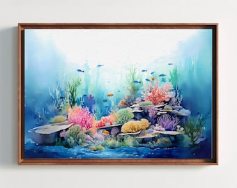Coral Reef Watercolor Painting, Watercolor Print, Underwater Landscape, Marine Life Art, Seascape, Beach Home Decor, Wall Art