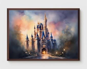 Aquarel betoverd kasteel, sprookjeskunst, prinses, kasteel, kinderkamer muurdecoratie, kinderkamer kunst aan de muur, kunst aan de muur, kunst aan de muur, aquarel poster