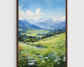 New Zealand Mountain Valley Watercolor Painting, Mountain Landscape, Flower Art, Wildflowers Art, Spring Art, New Zealand Art, Nature Art