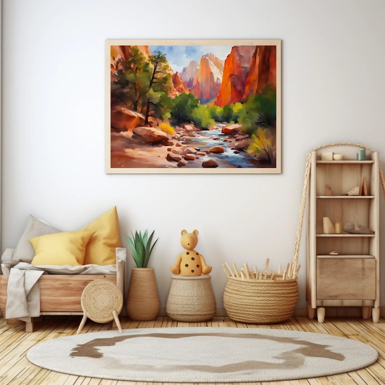 May include: Watercolor painting of a canyon landscape with a river, framed in light wood. The artwork features red rock formations, green trees, and a blue sky. The painting hangs above a child's room with wooden furniture and a round rug.