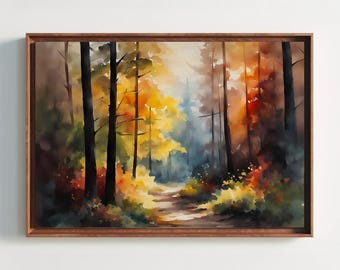 Fall Forest Landscape Watercolor Painting, Watercolor Print, Autumn Landscape, Fall Foliage, Fall Watercolor, Autumn Leaves, Autumn Wall Art