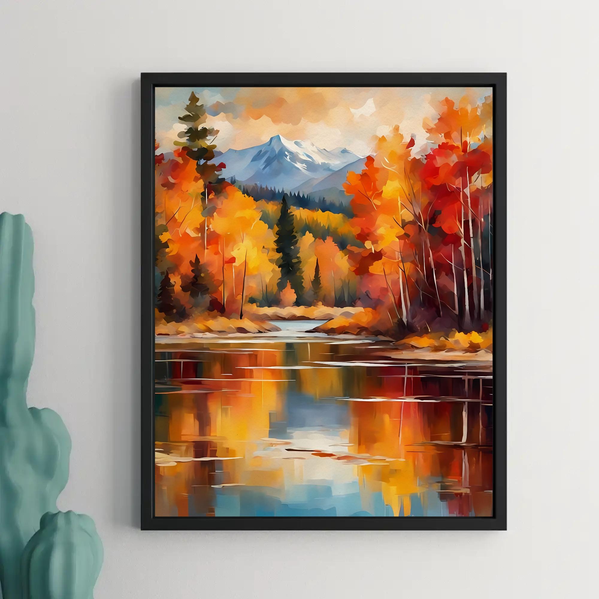 秋の紅葉に囲まれた湖の水彩画、秋の風景、秋の風景アート、湖の風景