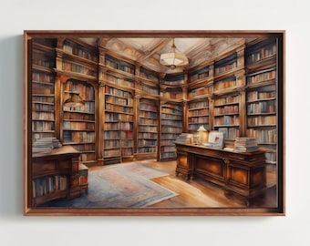 Library Watercolor Painting, Watercolor Print, Book Art, Bookstore Wall Art Gift, Library Art, Book Gift, Book Wall Decor, Wall Art