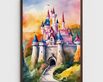 Kasteelaquarel, Magisch Koninkrijk, Sprookjeskunst, Prinses, Kasteel, Kinderkamer Muurdecoratie, Kinderkamermuurkunst, Kunst aan de muur