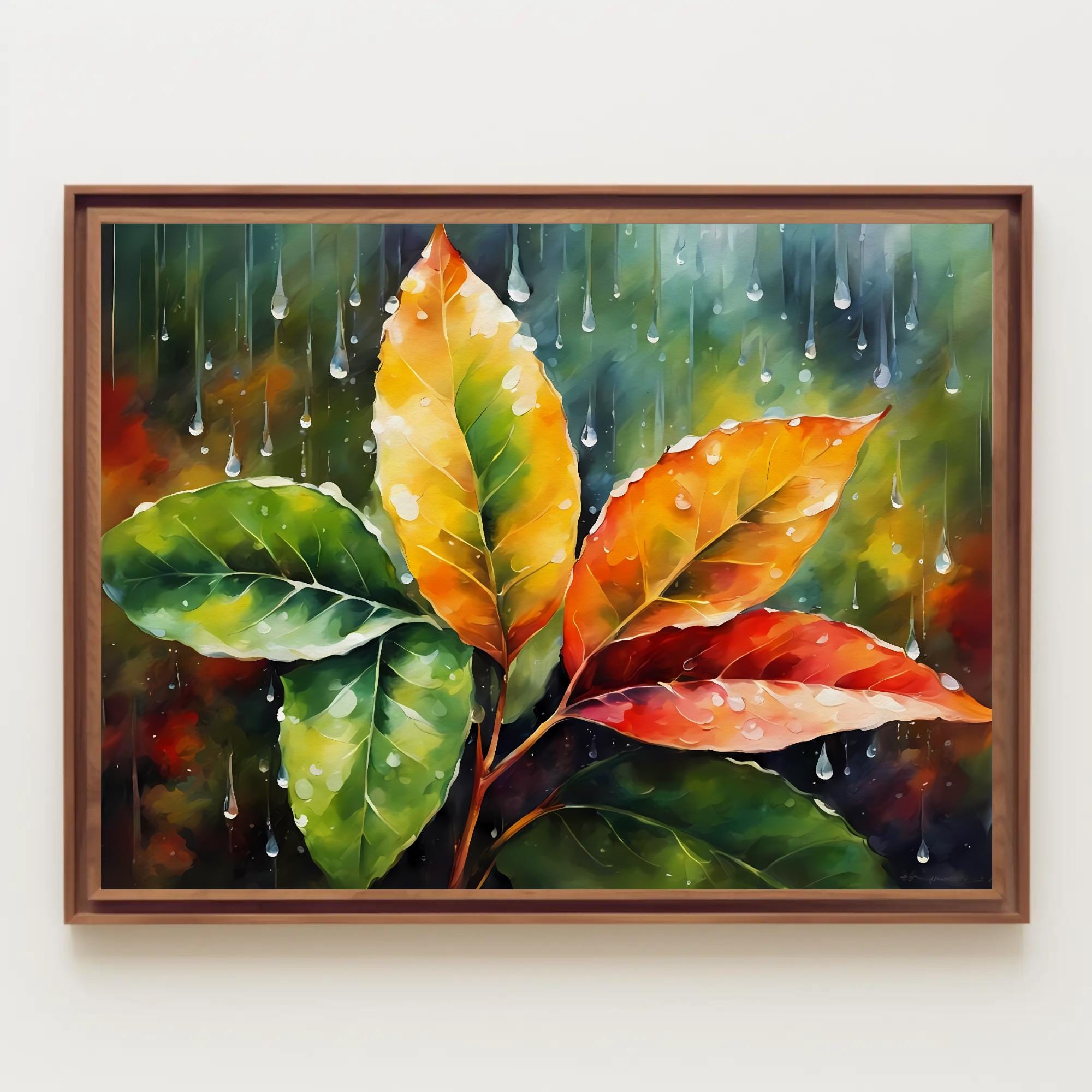 Raindrops of Leaf Watercolor Painting, Watercolor Print, Leaves Art, Rain Painting, Raindrop Painting, Nature Art, Wall Decor, Wall Art