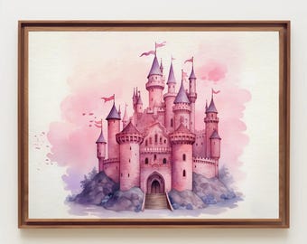 Roze kasteel aquarel, aquarel print, prinses, kasteel, sprookjesachtige kunst, kinderkamer wanddecoratie, kinderkamer kunst aan de muur, kunst aan de muur kinderkamer