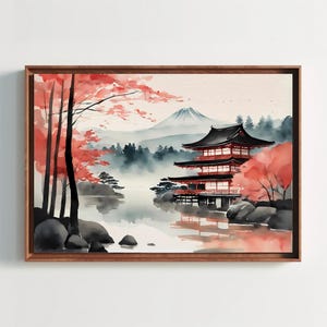 富士山の水彩画、日本の風景、桜、桜の木、日本の自然アート、壁の装飾、アジアの水彩画、壁アート