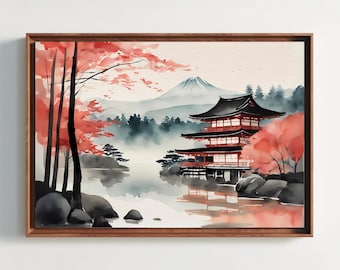 Mount Fuji Watercolor Painting, Japanese Landscape, Cherry Blossoms, Sakura Tree, Japan Nature Art, Wall Decor, Asian Watercolor, Wall Art