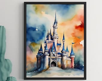 Kasteelaquarel, sprookjeskunst, prinses, kasteel, kinderkamer, muurdecoratie, kinderkamermuurkunst, muurkunst