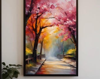 Pintura de acuarela de camino de cerezo en flor, arte de primavera, flores de cerezo, árbol de sakura, arte natural japonés, decoración de pared, flores rosas, arte rosa