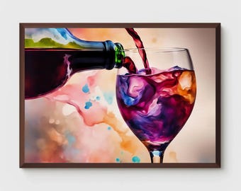 Colorful Wine Being Poured Into Glass Watercolor Painting, Kitchen Bar Art, Bar Cart Painting, Wine Decor, Wine Wall Art, Happy Hour Print