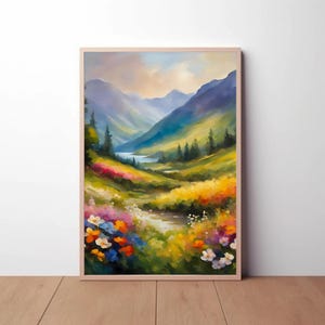 Mountain Valley Watercolor Painting Mountain Landscape, Lake Landscape, Wildflowers Wall Art, Flower Art, Spring Art, Nature Art, Wall Decor