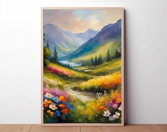 Mountain Valley Watercolor Painting Mountain Landscape, Lake Landscape, Wildflowers Wall Art, Flower Art, Spring Art, Nature Art, Wall Decor