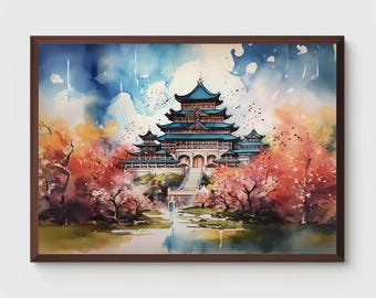 Aquarelle de palais asiatique, impression à l'aquarelle, peinture de palais, art asiatique, art de l'architecture, affiche de voyage, décoration murale, art mural