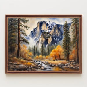 Yosemite Nationalpark Aquarell, nebliges Yosemite Valley, Nationalpark Kunst, Yosemite Valley Malerei, kalifornisches Gemälde