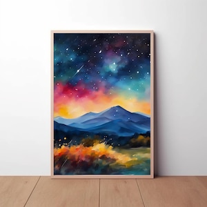 Starry Night Sky In The Mountains Watercolor Painting, Night Mountain Landscape, Milky Way Galaxy, Galaxy Art, Nature Art, Wall Art