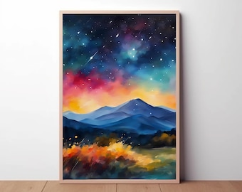 Starry Night Sky In The Mountains Watercolor Painting, Night Mountain Landscape, Milky Way Galaxy, Galaxy Art, Nature Art, Wall Art