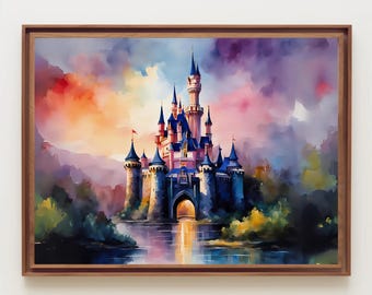 Kasteelaquarel, Magisch Koninkrijk, Sprookjeskunst, Prinses, Kasteel, Kinderkamer Muurdecoratie, Kinderkamermuurkunst, Kunst aan de muur