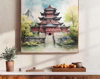 Aquarelle de palais chinois, impression à l'aquarelle, peinture de palais, art asiatique, art de l'architecture, affiche de voyage, décoration murale, art mural