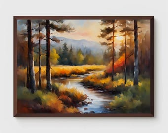 日の出時の森の静かな小川の水彩画、森の風景、日の出の絵、日の出の風景、森のアート、壁アート