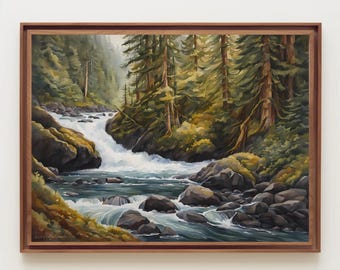 Stream Waterfall in Pine Forest Watercolor Painting, Waterfall Landscape, Stream, Forest Landscape, Tree Art, Pine Tree Art, Wall Decor