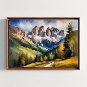 Pintura de acuarela de las Dolomitas, montañas de las Dolomitas, arte de Italia, Belluno, Italia, Dolomitas italianas, arte de montaña, arte de la naturaleza, arte de viajes