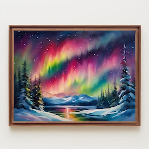 Northern Lights During Winter Watercolor Painting, Northern Lights, Winterscape, Nightscape, Aurora Borealis, Winter Art, Aurora Watercolor