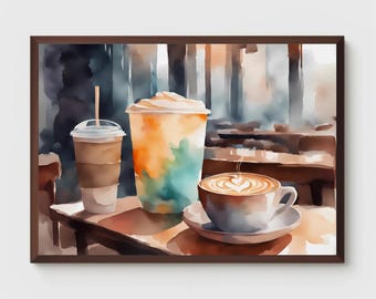 Coffee Watercolor Painting, Watercolor Print, Cafe Art, Kitchen Art, Coffee Painting, Wall Decor, Wall Art