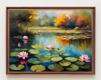 睡蓮の池の水彩画 モネの池のアートプリント 緑と青の壁アート 夏の