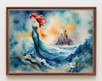 Mermaid Watercolor Painting, Watercolor Print, Princess Art, Fairytale Art, Mermaid Art, Ocean Landscape, Kids Room Decor, Nursery Wall Art