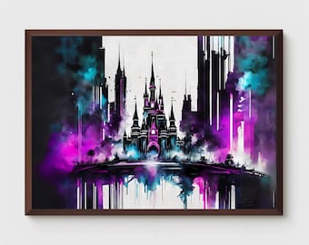 Zwart en roze kasteel aquarel, sprookjesachtige kunst, prinses, kasteel, kinderkamer muur decor, kinderkamer kunst aan de muur, kunst aan de muur, poster