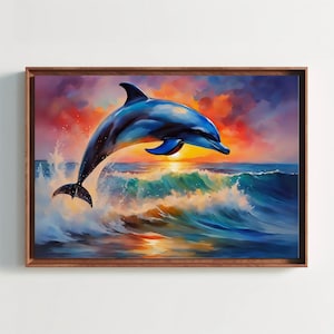 Dolphin Watercolor Painting, Watercolor Print, Dolphin Jumping Out of Sea, Animal Art, Seascape, Ocean Landscape, Beach House Art