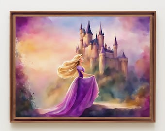 Rapunzel Watercolor Painting, Watercolor Print, Princess Art, Fairytale Art, Kids Room Wall Decor, Nursery Wall Art, Wall Art