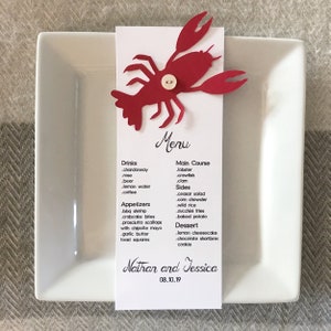 Menu de chá de panela personalizado finalizado com lagosta e frutos do mar para casamento