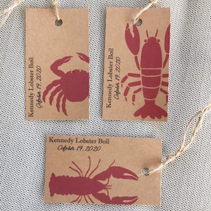 Lobster, crawfish, crab personalized seafood boil bake tag napkin ring party favor bag