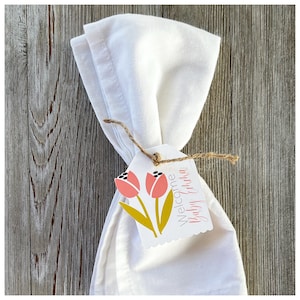 Frühling Sommer rosa Tulpen personalisierte Favor Tag Serviettenring Blumengarten Thema Baby-Dusche, Brautparty, Hochzeit Tisch Dekor