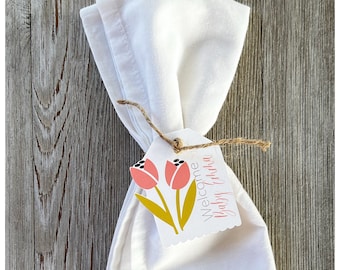 Spring summer pink tulips personalized Favor Tag Napkin Ring floral garden theme Baby shower, bridal shower, wedding table decor