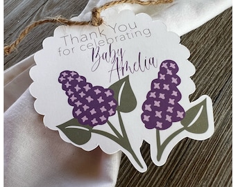 Spring summer purple lilacs personalized Favor Tag Napkin Ring floral garden theme Baby shower, bridal shower, wedding table decor