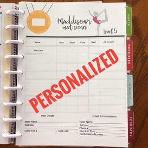 Gymnastics Scorebook Personalized for 365 Planner 10 meets with gymnast's name and level