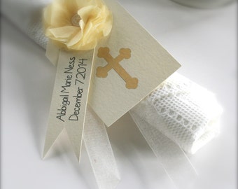 Communion Favors, Child's Baptism Confirmation, Religious Personalized, Yellow Napkin Ring Holder with Layered Tags,Tissue Paper Flower