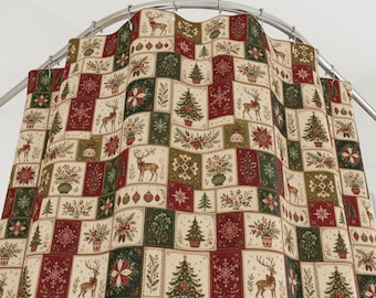 Christmas Faux Patchwork Shower Curtain, Vintage Farmhouse Holiday Bathroom Decor, Rustic Cottage Christmas Bath Curtain