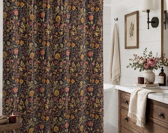 Dark Floral Shower Curtain, Moody Vintage Botanical Bathroom Decor, Cottagecore Floral Bath Curtain