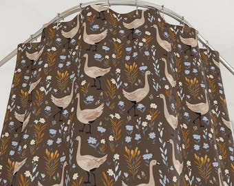 Farmhouse Goose Shower Curtain, Cottagecore Floral Bathroom Decor, Brown Botanical Duck Bath Curtain, Rustic Country Bath