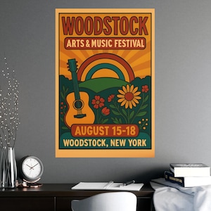 Poster, Woodstock Arts Music Festival Vintage Style Travel Poster, Woodstock NY Horizontal & Vertical Matte Posters, Wall Art Decor Print,