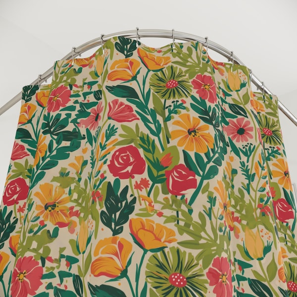 Colorful Floral Shower Curtain, Vintage Garden Bathroom Decor, Boho Cottagecore Flower Bath Curtain, Green Yellow Pink Botanical