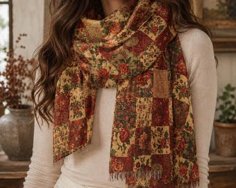 Vintage Rose Faux Patchwork Scarf, Floral Cottagecore Lightweight Wrap, Rustic Red Green Woven Shawl, Boho Fall Gift
