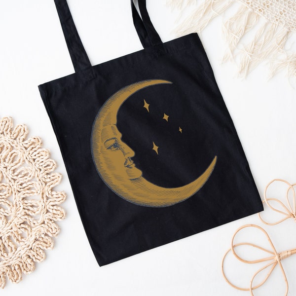 Crescent Moon Face Boho Cotton Canvas Tote Shopping Bag, Gift for her, Weekend Bag, School Tote Bag, Beach Bag, Laptop Tote Bag, Grocery Bag